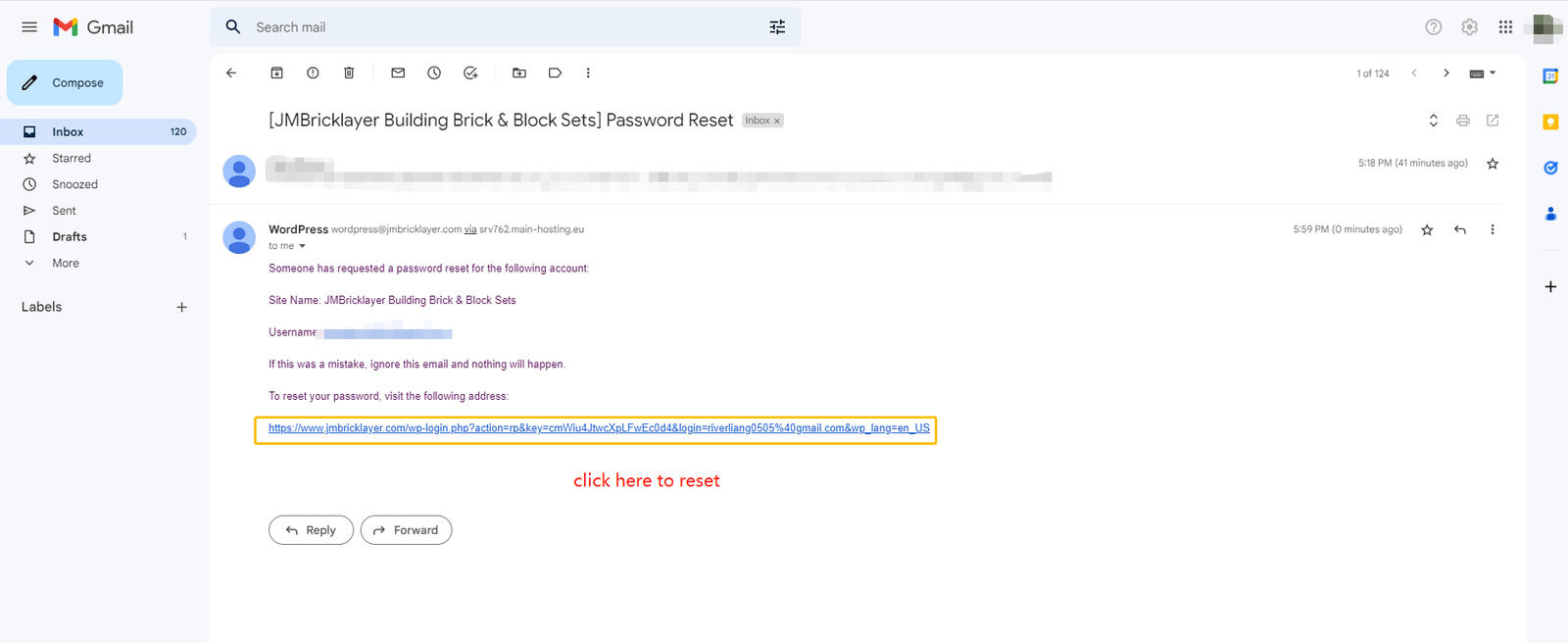 affiliate account reset password -reset link email screen shot