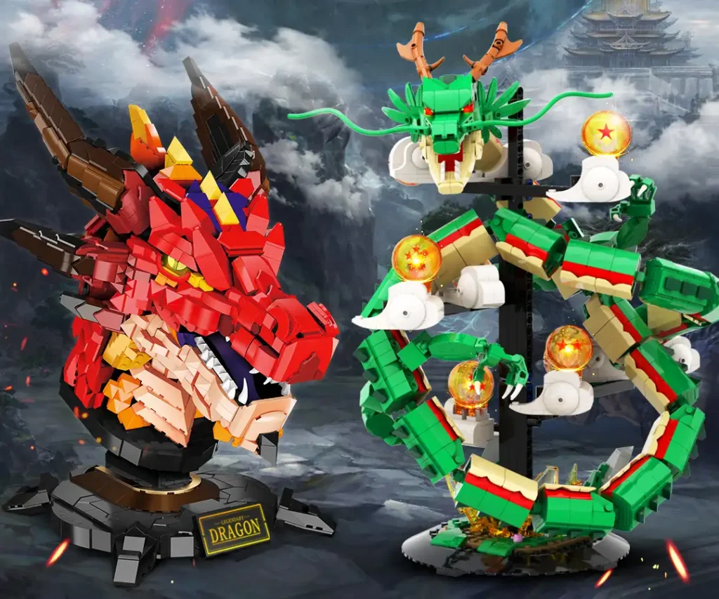 JMBricklayer Red Fire Dragon Loong Head 70105 Paired with the Cloud-Surfing Azure Dragon Loong