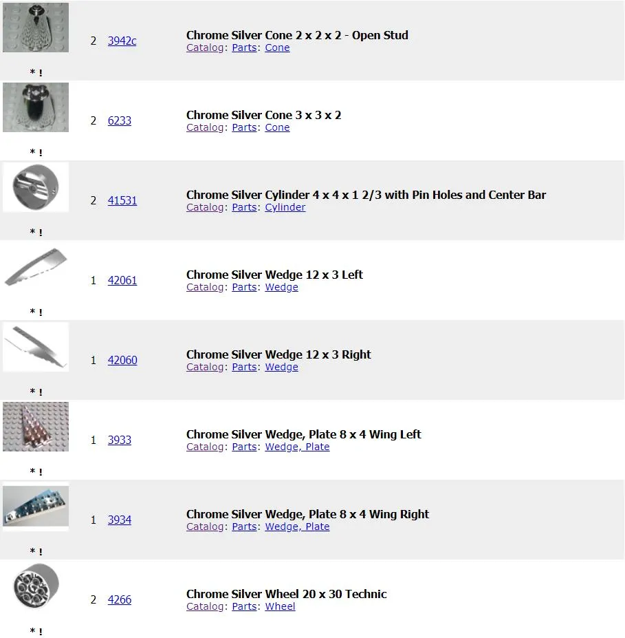 LEGO 10026 Special Edition Naboo Starfighter includes 12 LEGO Chrome Silver parts across 8 different types