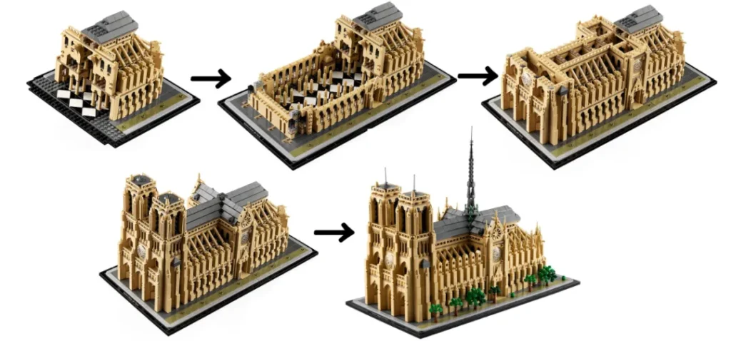 The assembly sequence for the LEGO 21061 Notre-Dame de Paris set.
