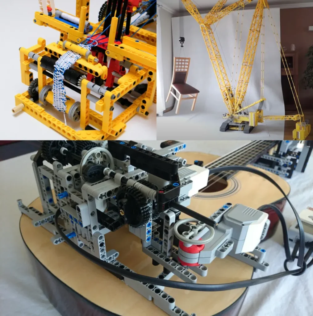 Various mechanical models created by LEGO enthusiasts.
