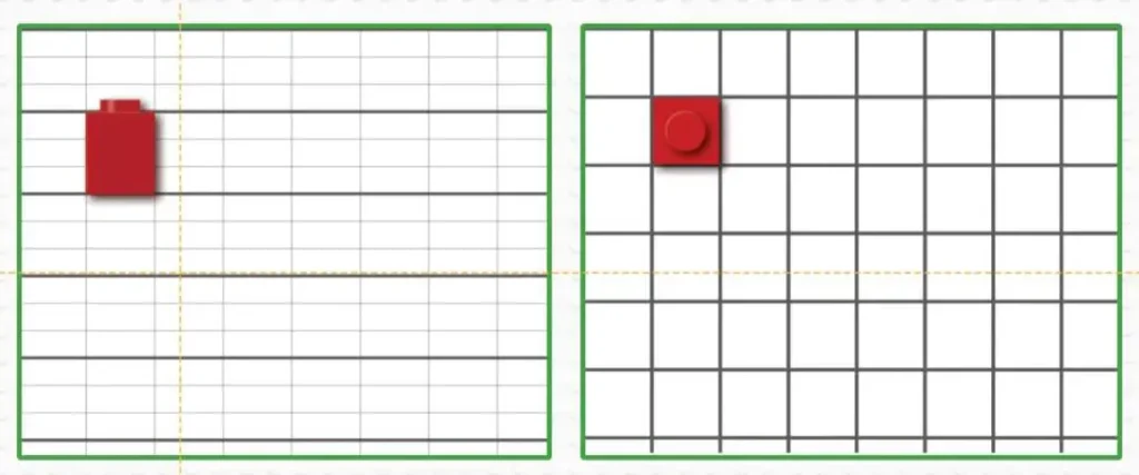 After creating a two-dimensional drawing on a LEGO brick diagram, use three-dimensional observation to examine your design from both top-view and side-view perspectives.