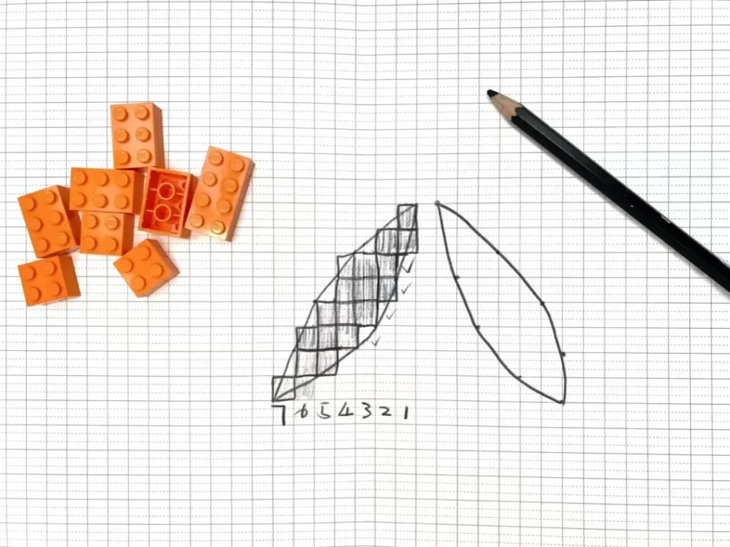 Building diagrams for LEGO MOCs typically represent bricks with studs facing upward